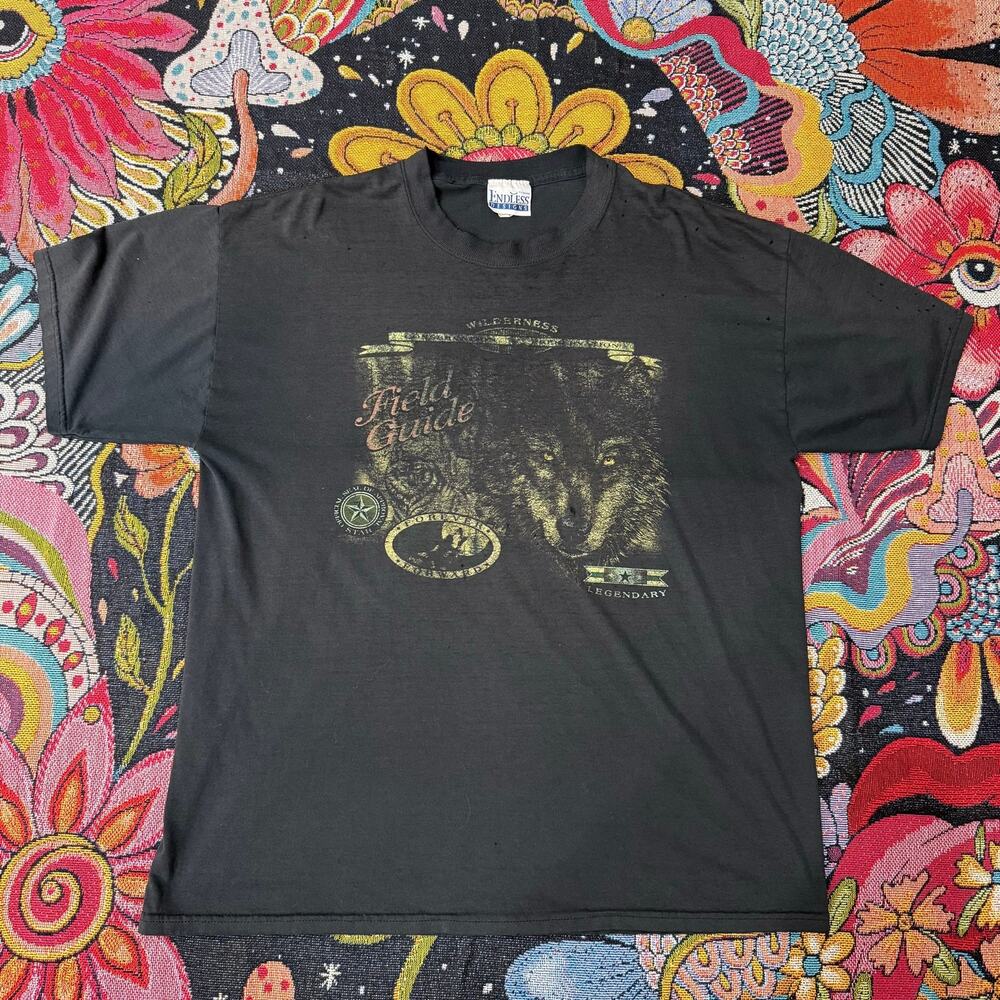 Vintage 90s Y2k Distressed Wolf Graphic Print T-Shirt Thrashed Grunge Skater XL
